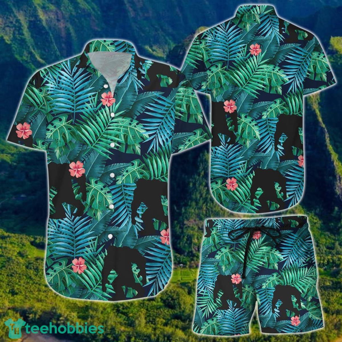Bigfoot Shape Summer Beach With Red Floral Hawaii Shirt And Short For Men And Women Product Photo 1