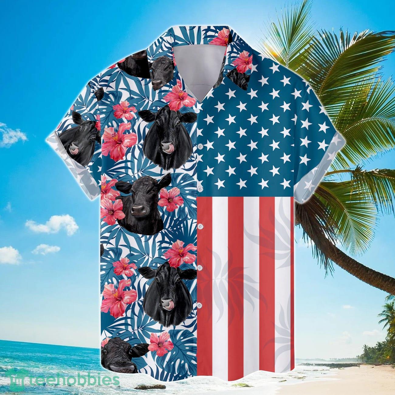 Black Angus Cow Hawaiian Shirts Tropical Flower Cow American Flag Product Photo 2