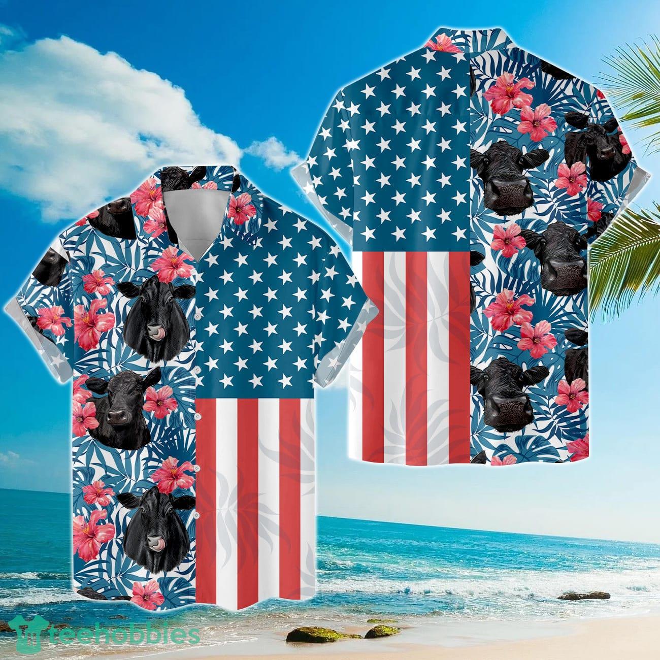 Black Angus Cow Hawaiian Shirts Tropical Flower Cow American Flag Product Photo 1