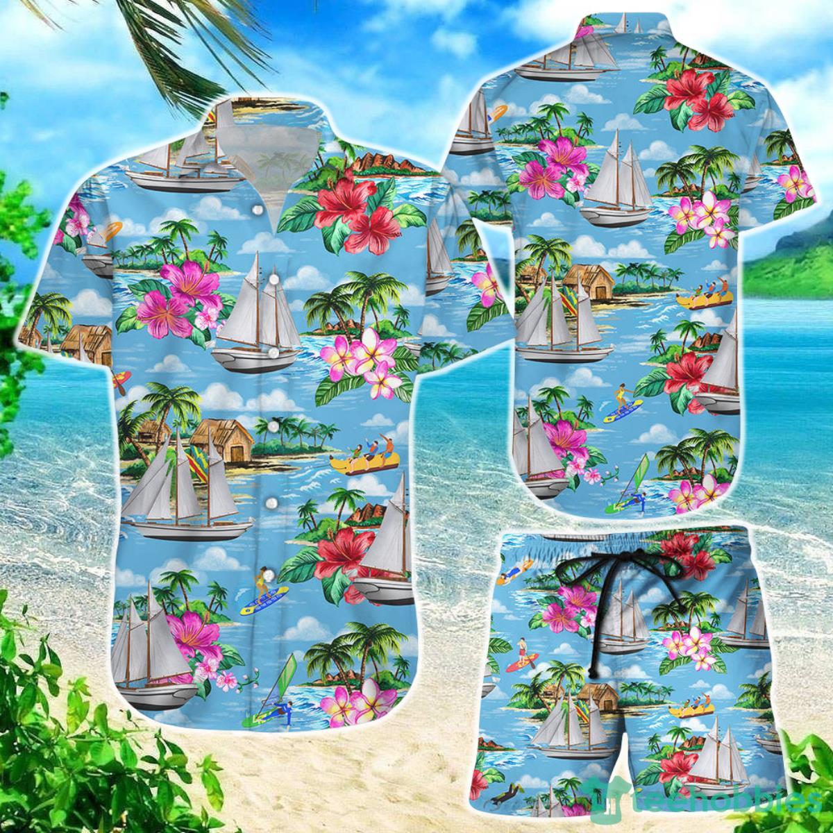 Boat Hawaiian Shirt Blue Sailing Boat On The Beach Summer Holiday Presents Product Photo 1