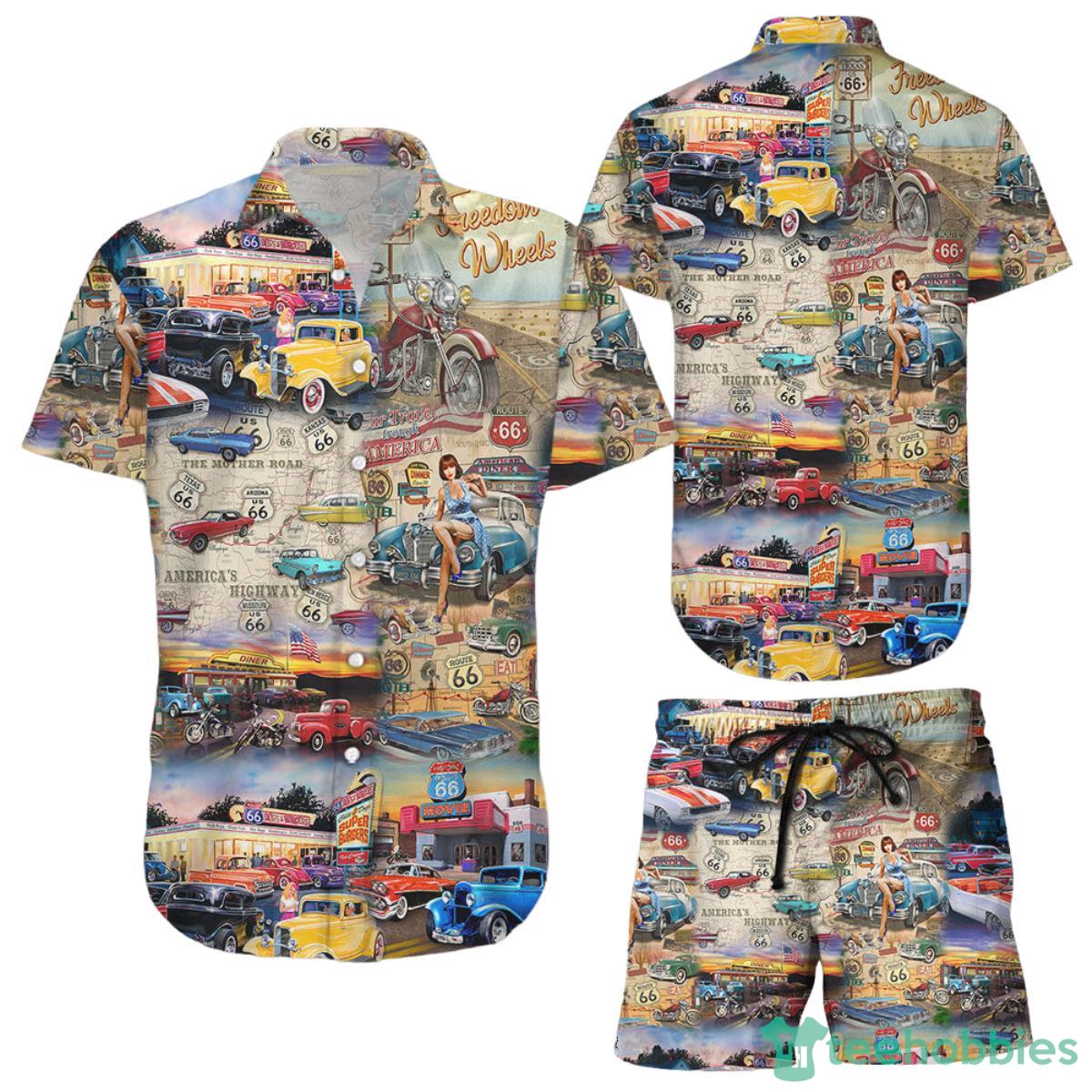Car Print Hawaiian Shirt Route 66 Car Vintage Button Down Shirts Gift For Vintage Car Lovers Product Photo 1