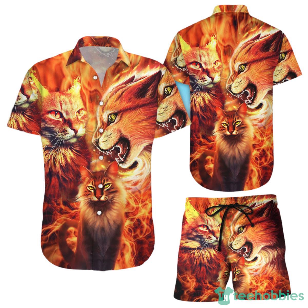 Cat Themed Hawaiian Shirt Angry Cat Fire Button Down Shirts Unique Gift For Cat Lovers Product Photo 1