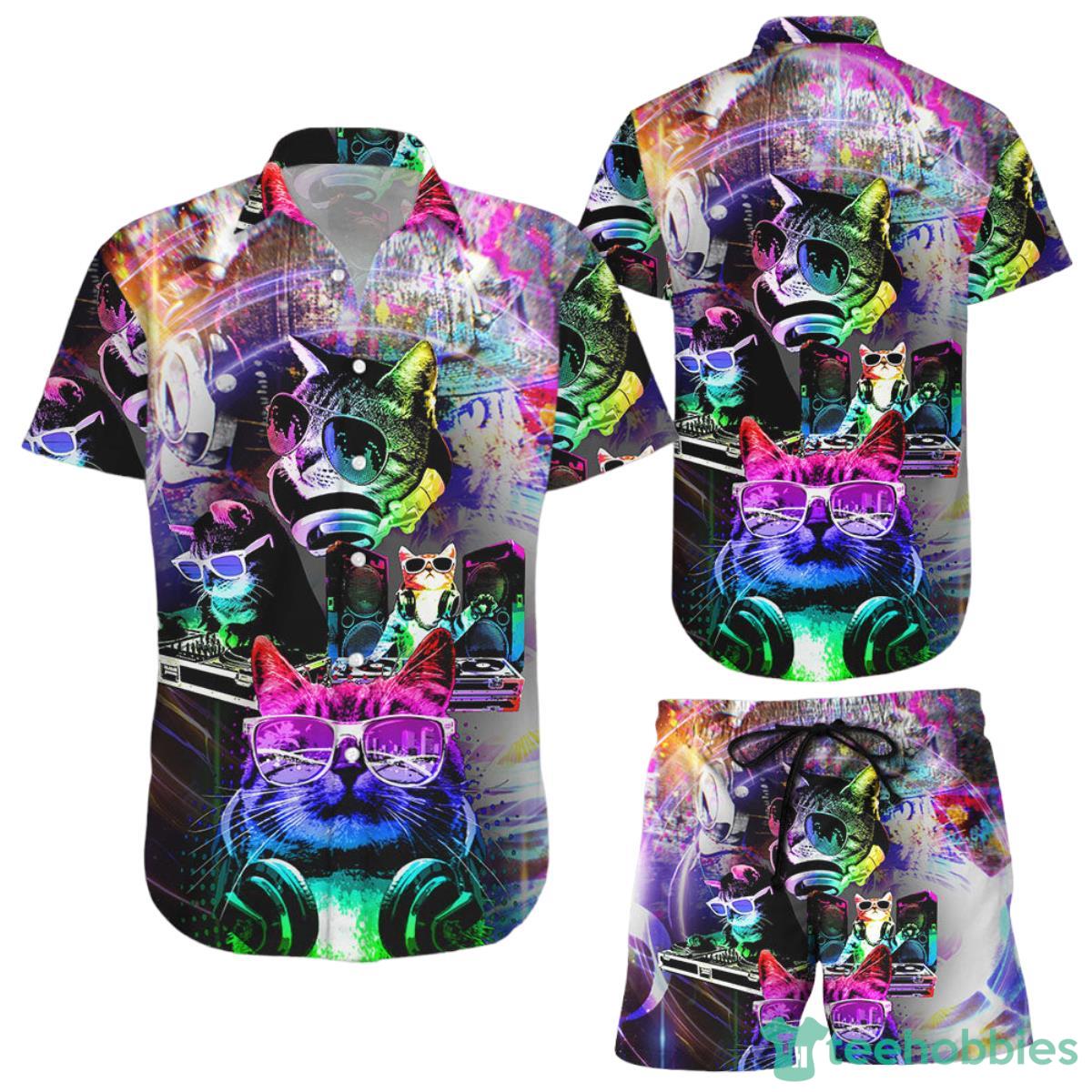 Cat Themed Hawaiian Shirt Colorful Cat DJ Button Down Shirts Best Gift For Cat Lovers Product Photo 1