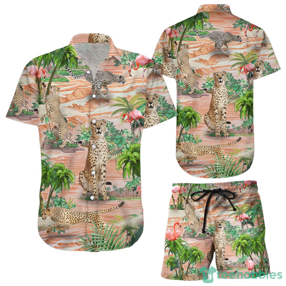 Cheetah Print Hawaiian Shirt Cheetah And Flamingo Button Down Shirts Gifts For Cheetah Lovers Product Photo 1