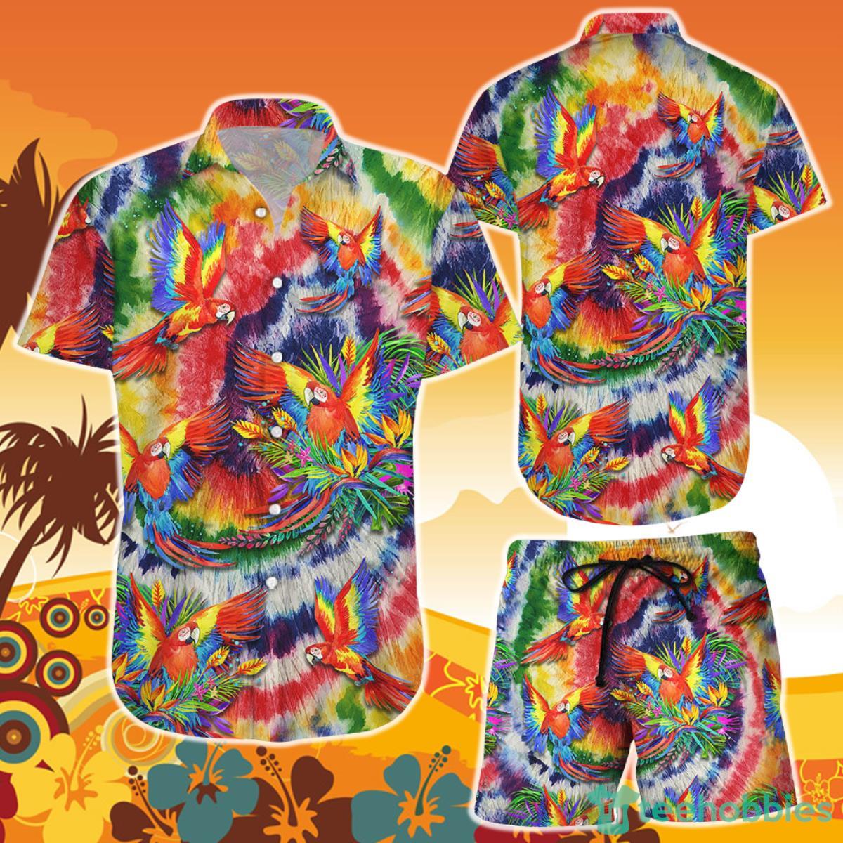 Colorful Parrot Tiedye Hawaii Shirt and Short  Gift For Parrot Lovers Product Photo 1