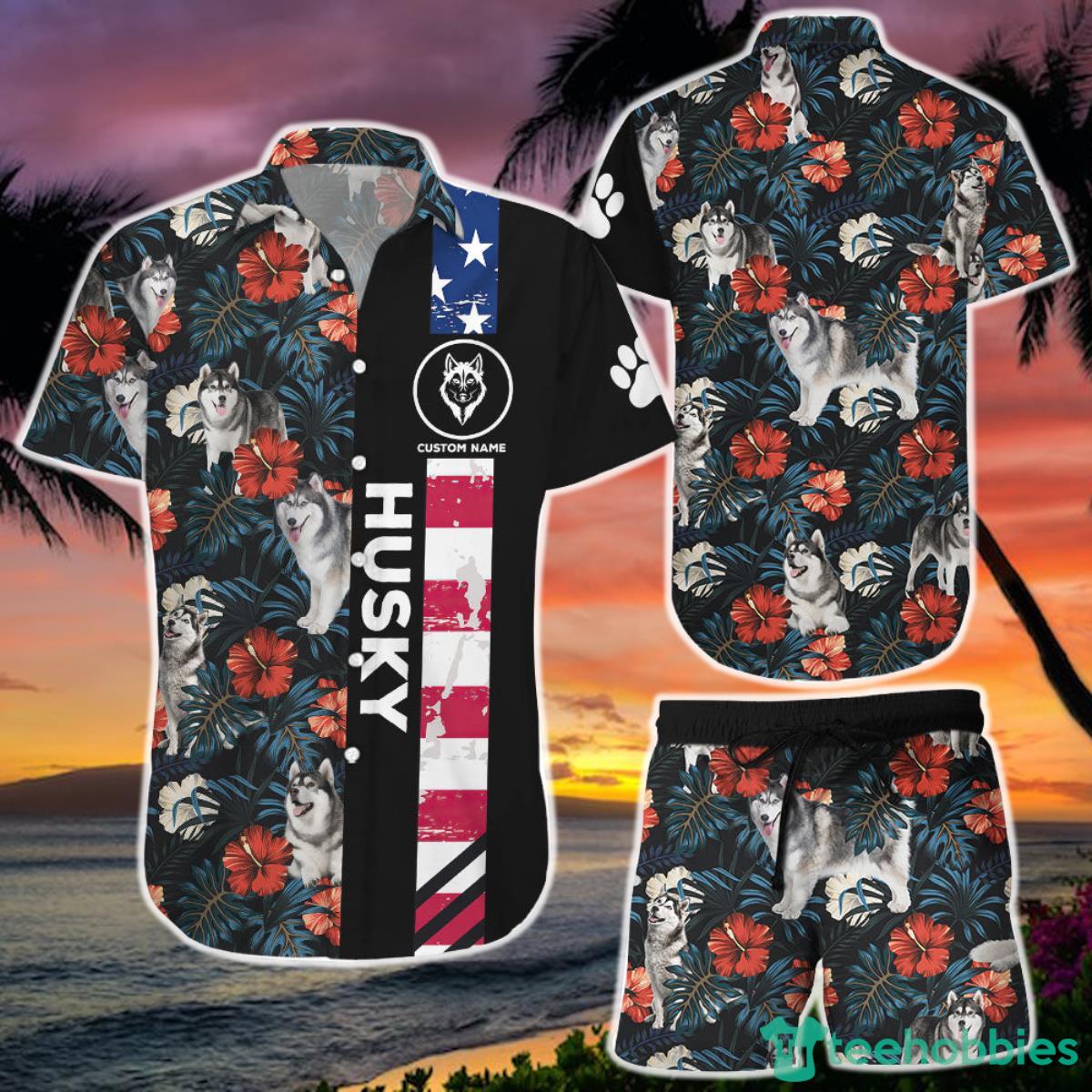 Custom Name Husky American Flag Tropical Hawaii Shirt and Short Funny LGBT Gifts Product Photo 1