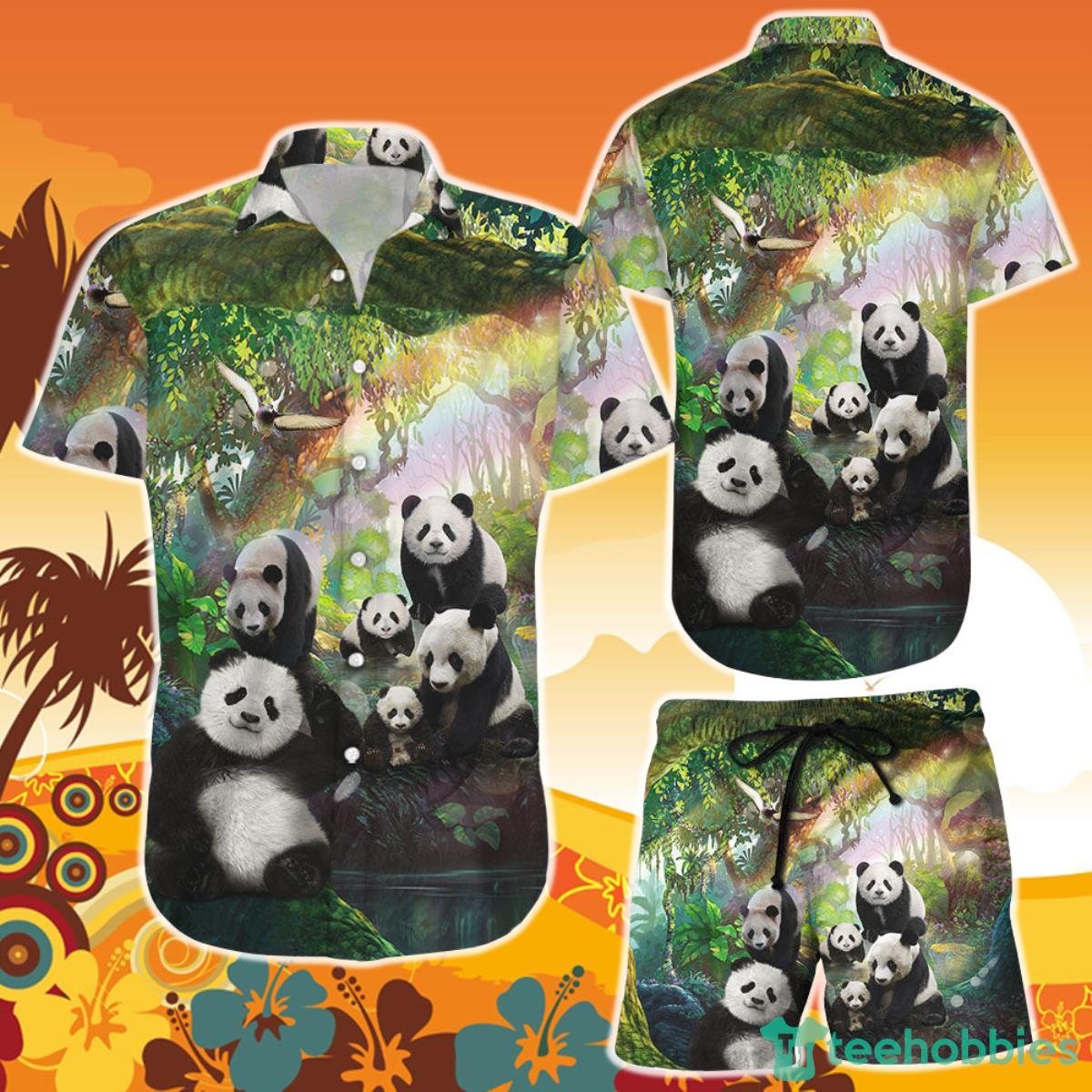 Family Panda In The Green Forest Hawaiian Shirt and Short Gift For Panda Lovers Product Photo 1