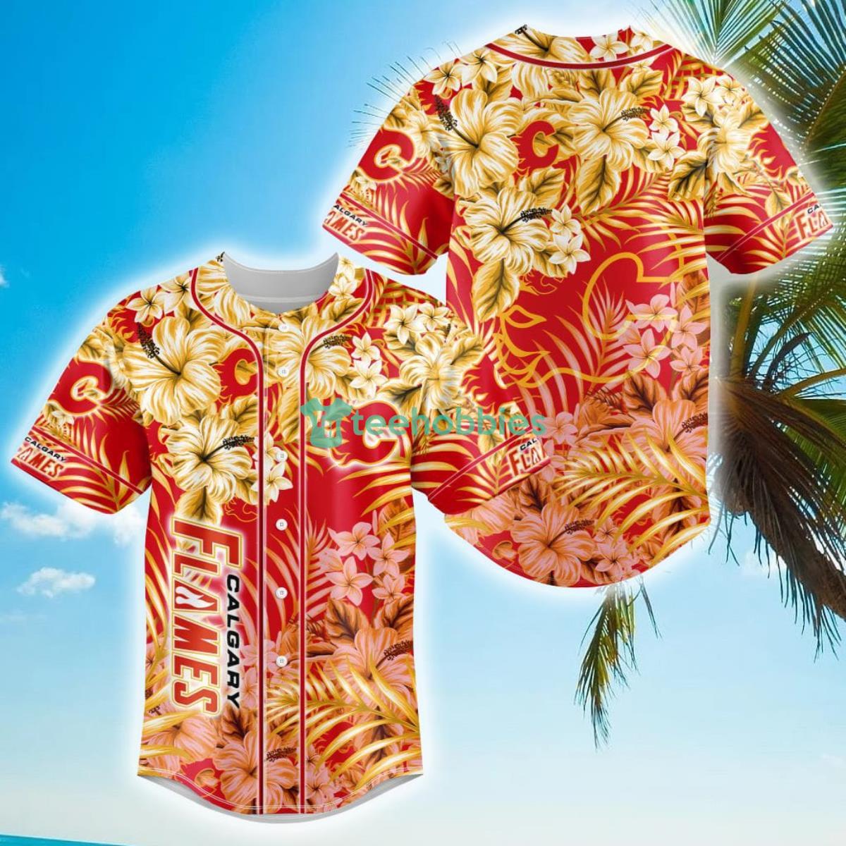 Floral NHL Calgary Flames Hawaiian Design Baseball Jersey For Men And Women Product Photo 1