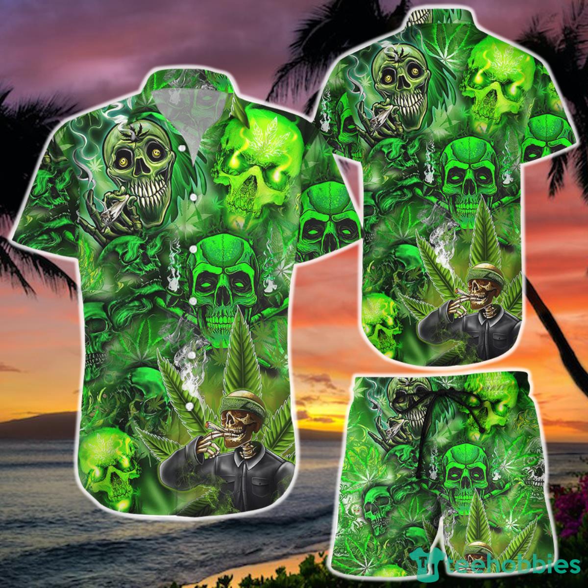 Funny Green Skull Smoking Button Down Hawaiian Skull Shirt  and Short Skull Gifts For Men Product Photo 1