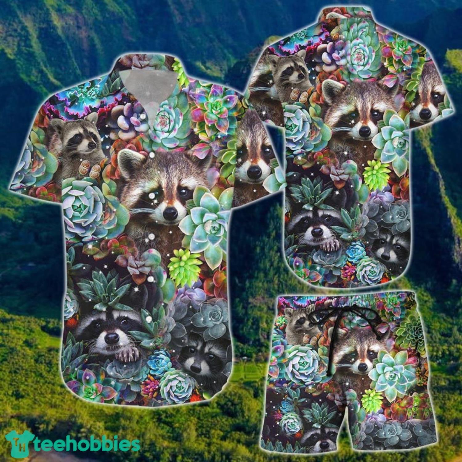 Funny Raccoon With Lotus Stone Hawaiian Shirt And Short For Men And Women Product Photo 1