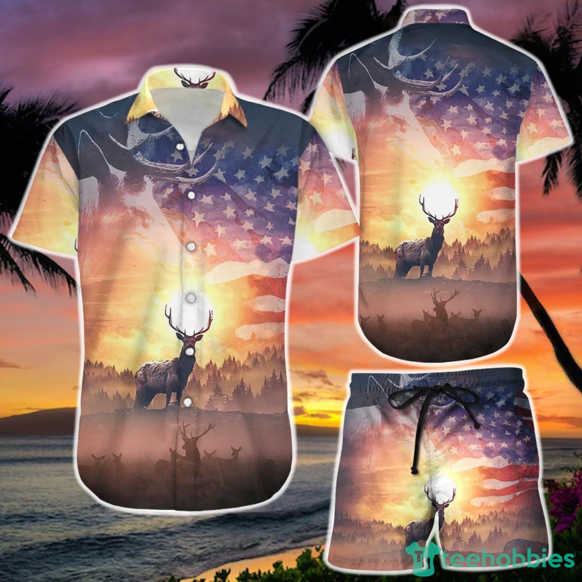 Hawaiian American Flag Shirt and Short Deer America Flag At Sunset Hawaii Shirt Deer Gift Ideas Product Photo 1
