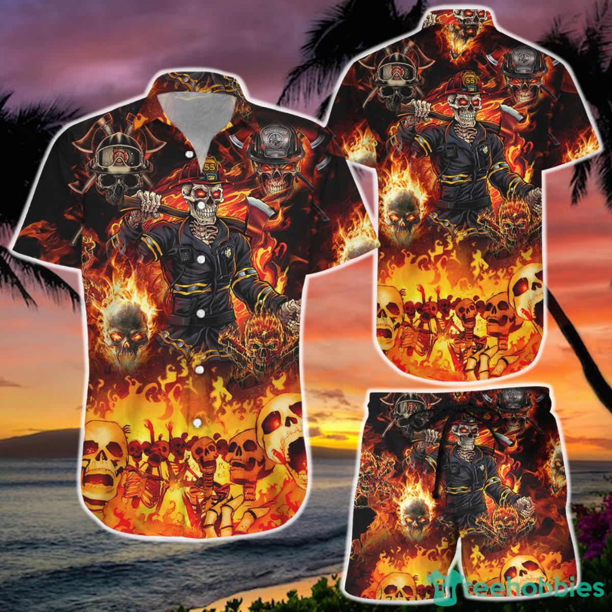 Hawaiian Skull Shirt and Short Firefighter Skull Button Down Shirt Gifts With Skulls On Them Product Photo 1