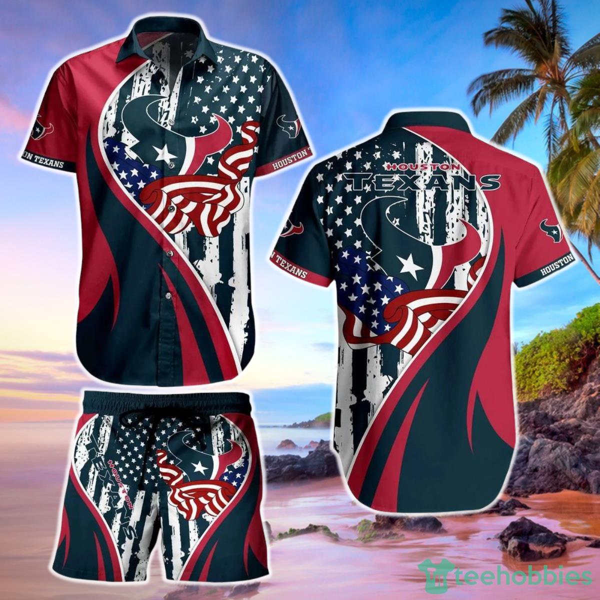 Houston Texans NFL Hawaiian Short Shirt Vintage US Flag Graphic Summer Product Photo 1