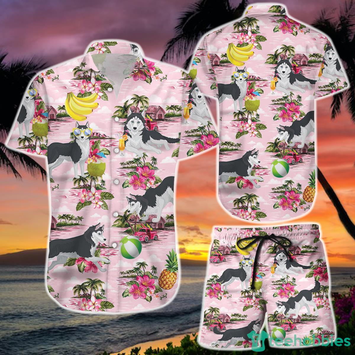 Husky Dog Flower Banana Coconut Hawaii Shirt and Short Gifts For Husky Lovers Product Photo 1