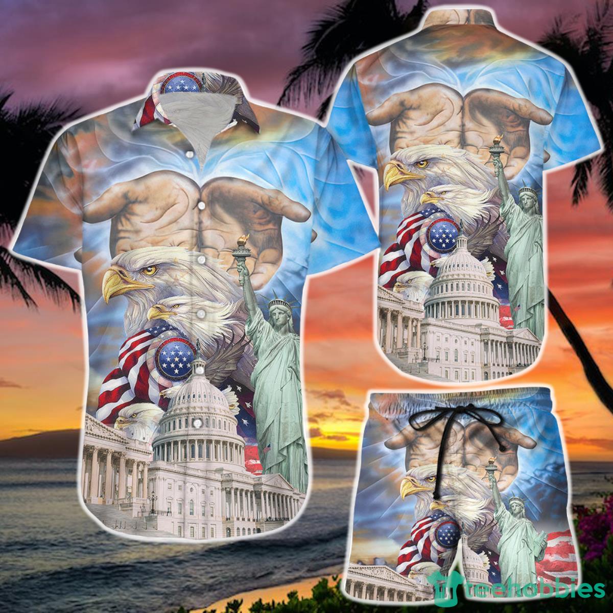 Independence Day Shirt Hand With American Flag Eagle Hawaii Shirt and Short Gifts For Men Product Photo 1