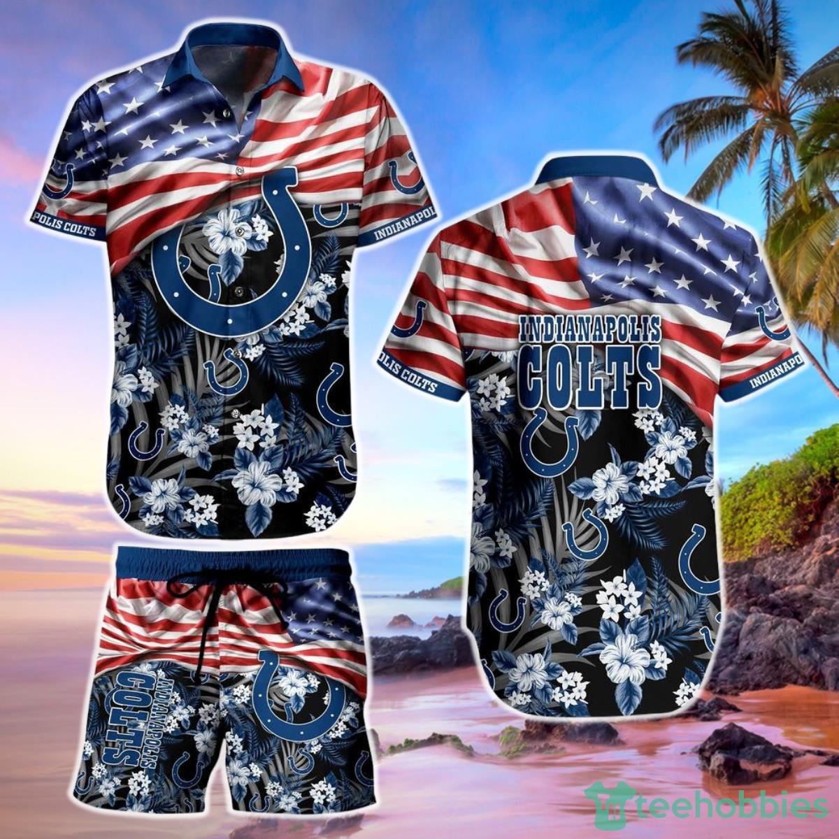 Indianapolis Colts NFL Hawaiian Shirt And Short Summer Tropical Pattern US Flag Best Gift For Sports Enthusiast Product Photo 1