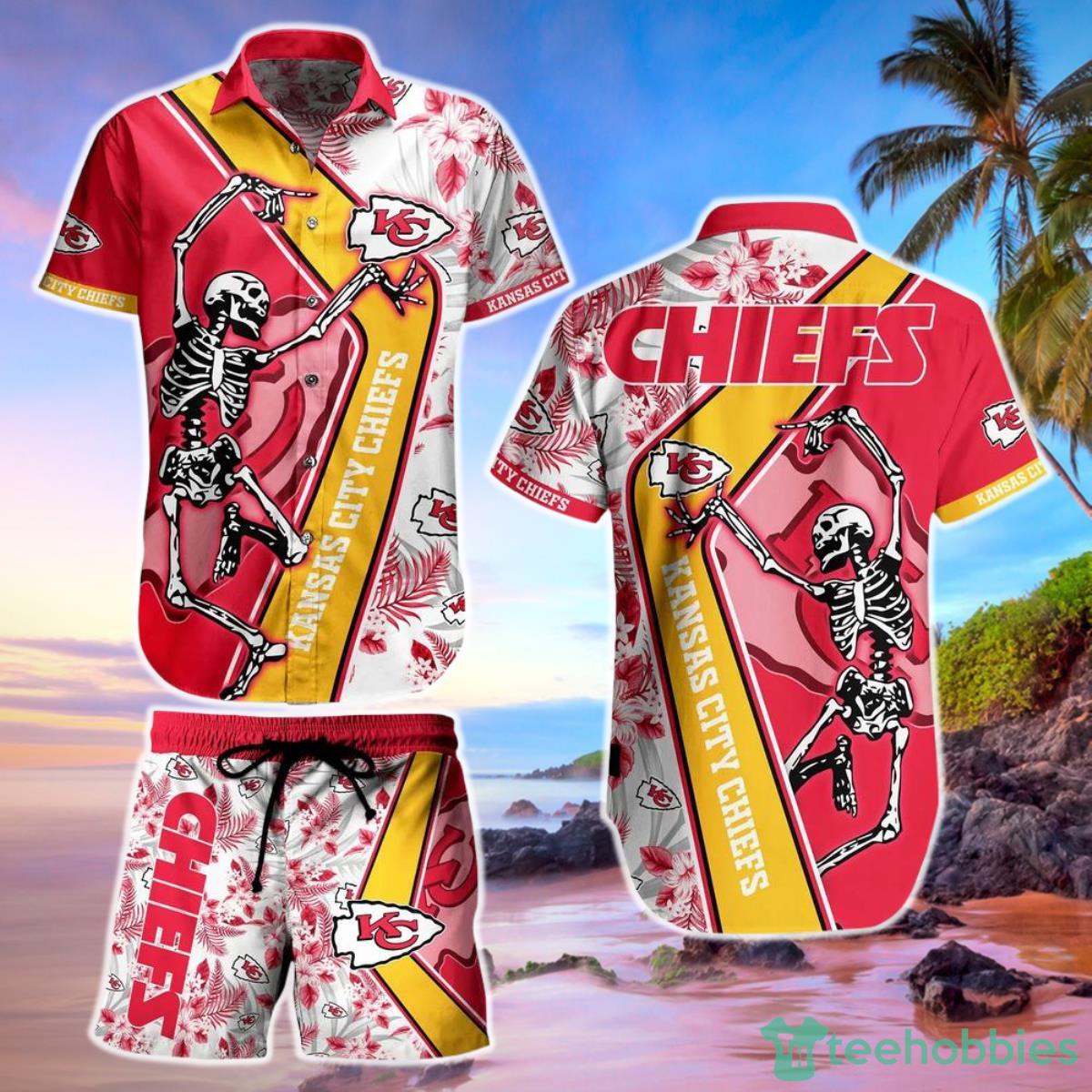 Kansas City Chiefs Nfl Hawaiian Shirt And Short Sekeleton Design Hot Short Styles For Men Women Product Photo 1