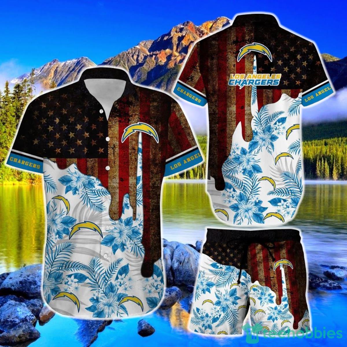 Los Angeles Chargers NFL Graphic US Flag Flower Hawaiian Shirt And Short New Summer Gift Best Ever Fans Product Photo 1