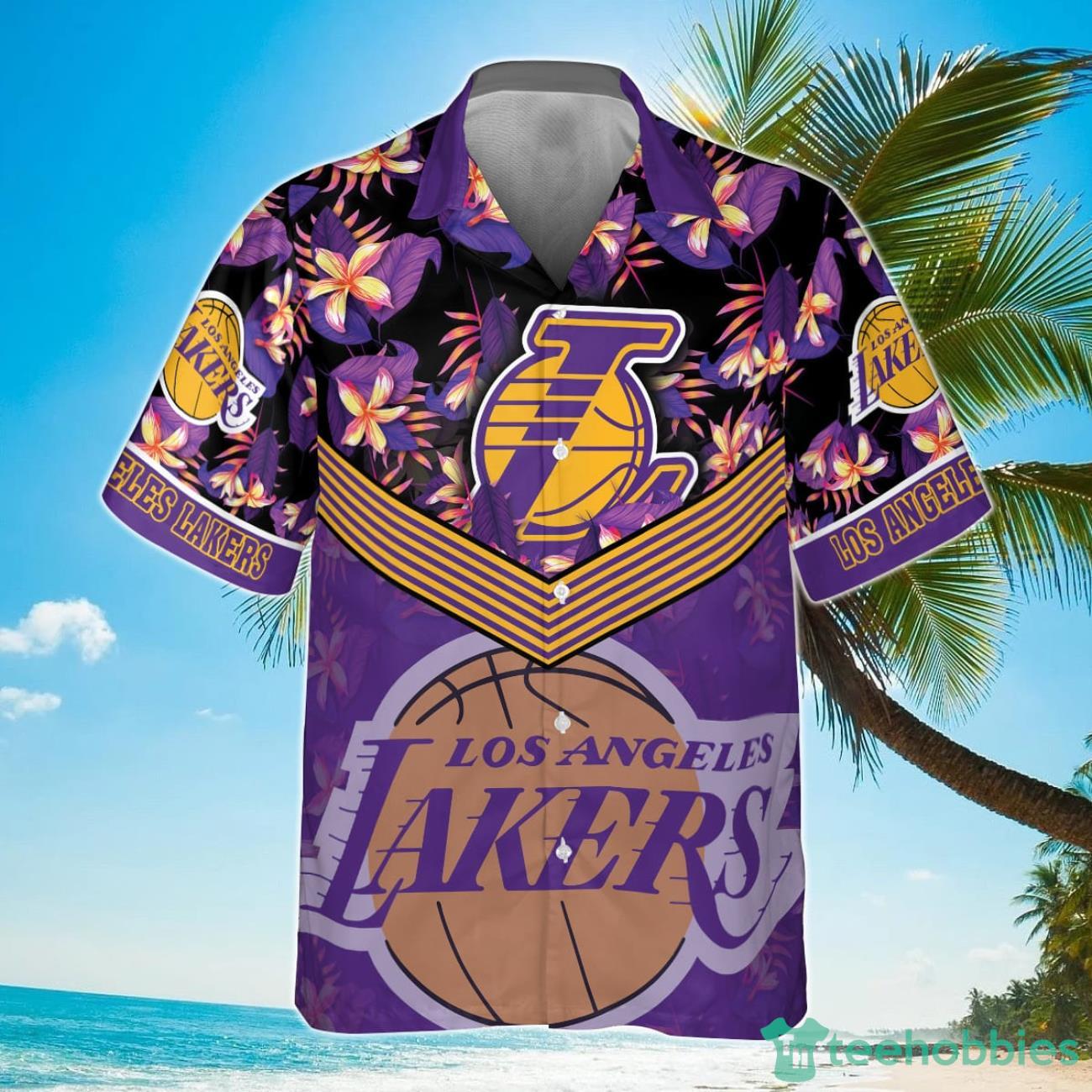 Los Angeles Lakers Purple Hibiscus Flower Pattern Print Hawaiian Shirt Product Photo 2