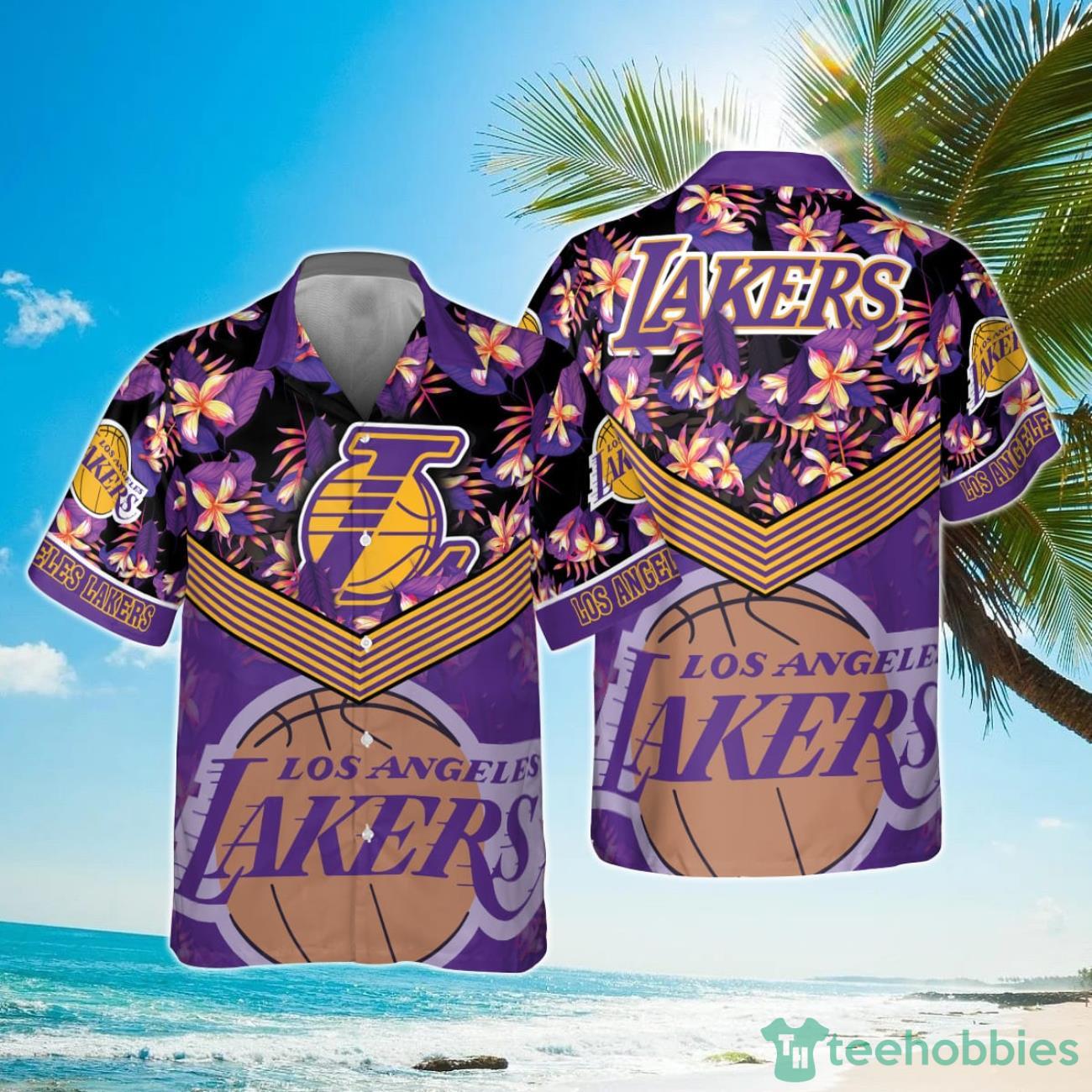 Los Angeles Lakers Purple Hibiscus Flower Pattern Print Hawaiian Shirt Product Photo 1