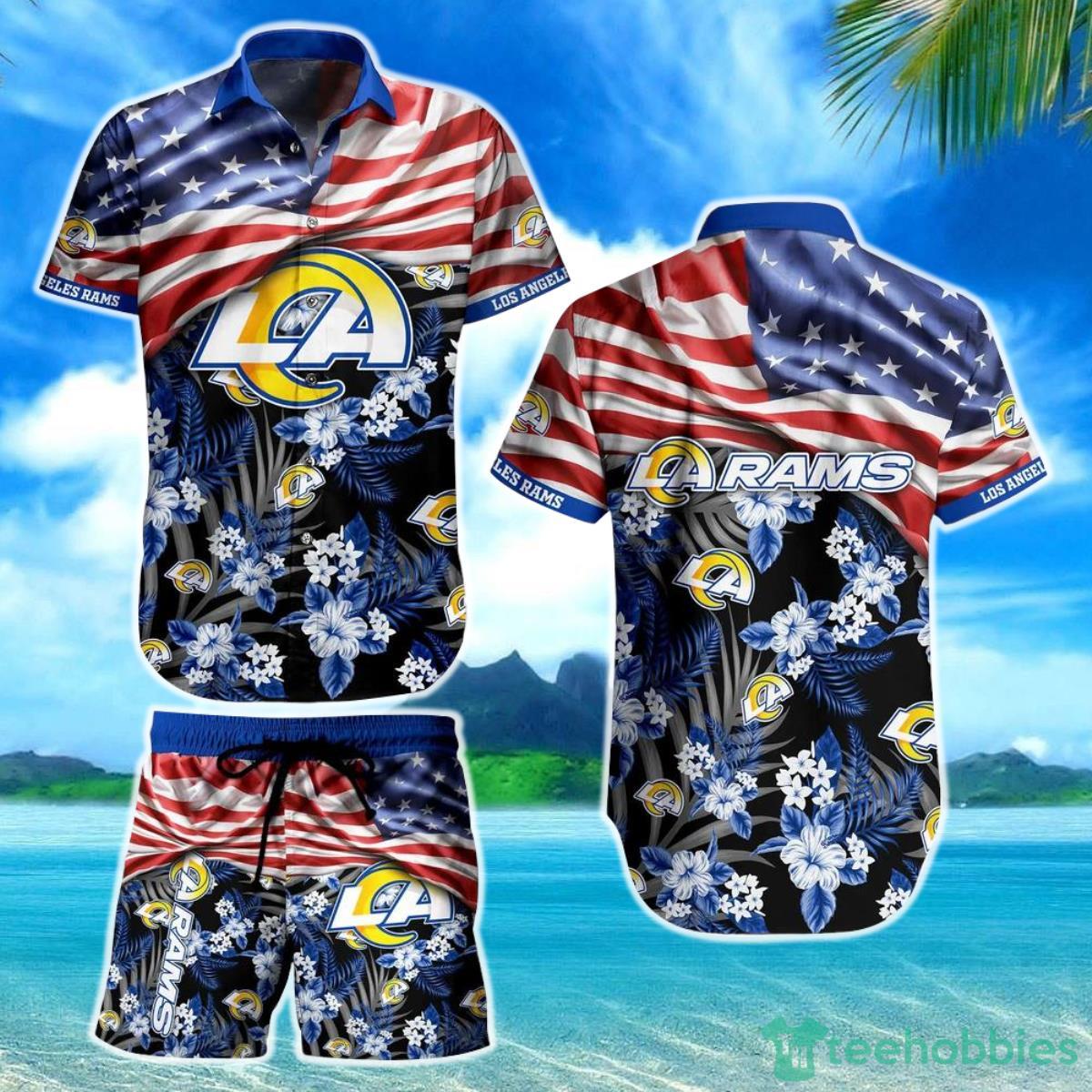 Los Angeles Rams NFL Hawaiian Shirt And Short Summer Tropical Pattern US Flag Best Gift For Sports Enthusiast Product Photo 1