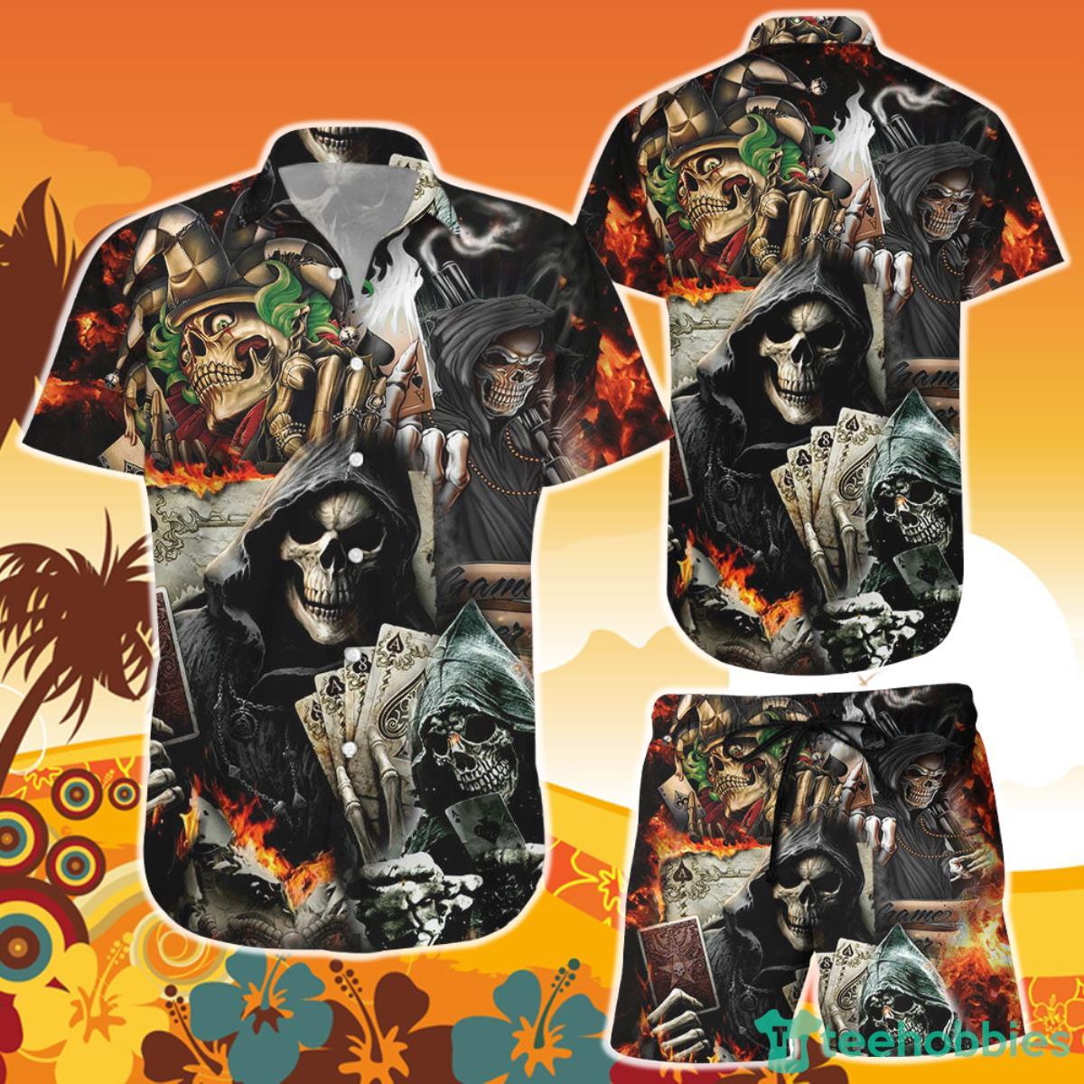 Mens Hawaiian Skull Shirt and Short Skull Life Poker Fire Hawaii Product Photo 1