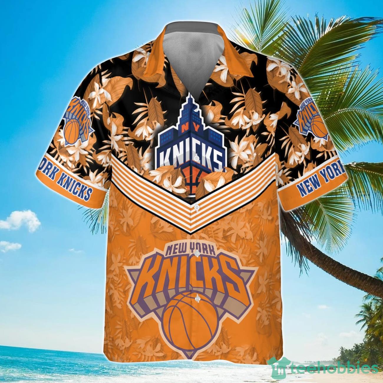 New York Knicks Orange Hibiscus Flower Print Hawaiian Shirt Product Photo 2