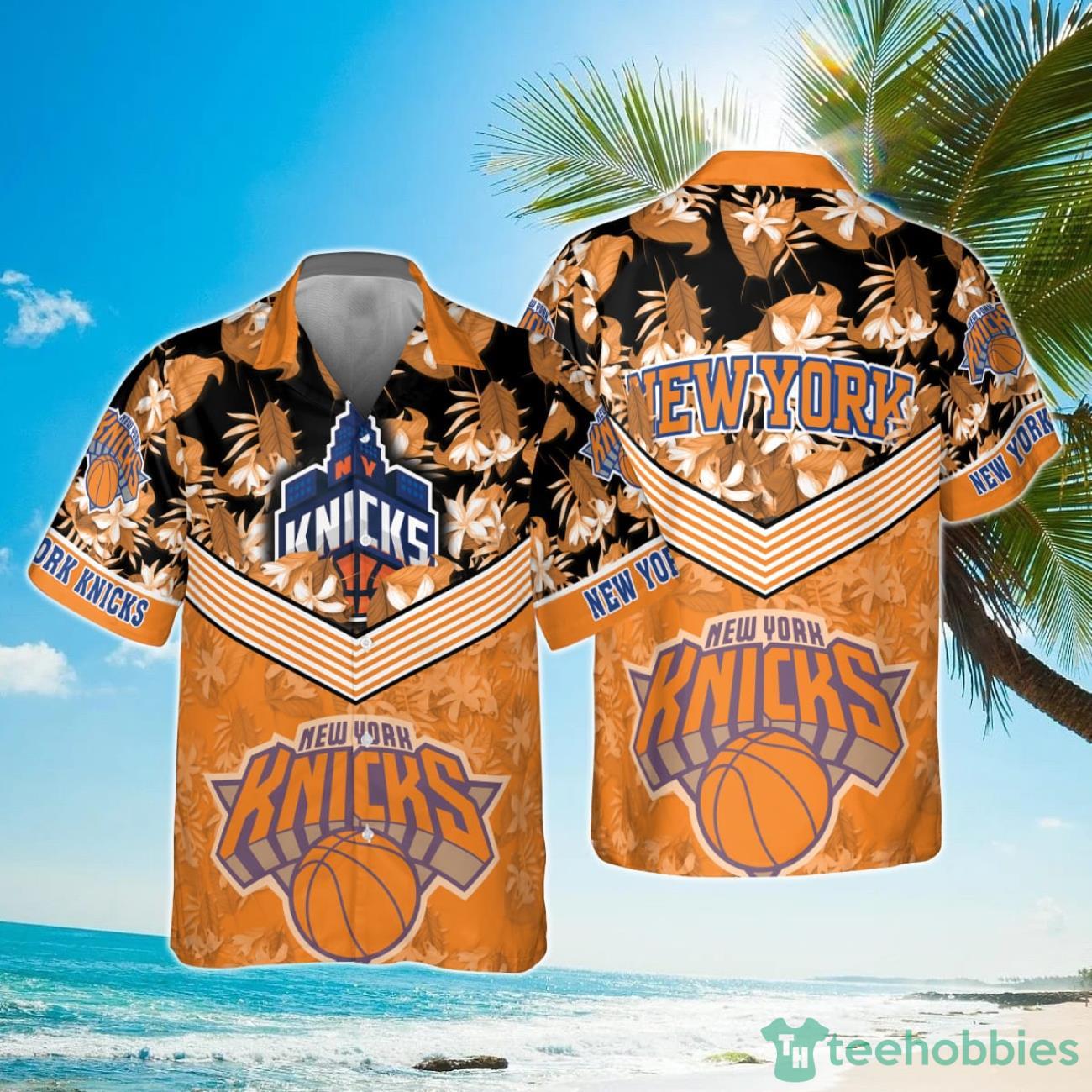 New York Knicks Orange Hibiscus Flower Print Hawaiian Shirt Product Photo 1