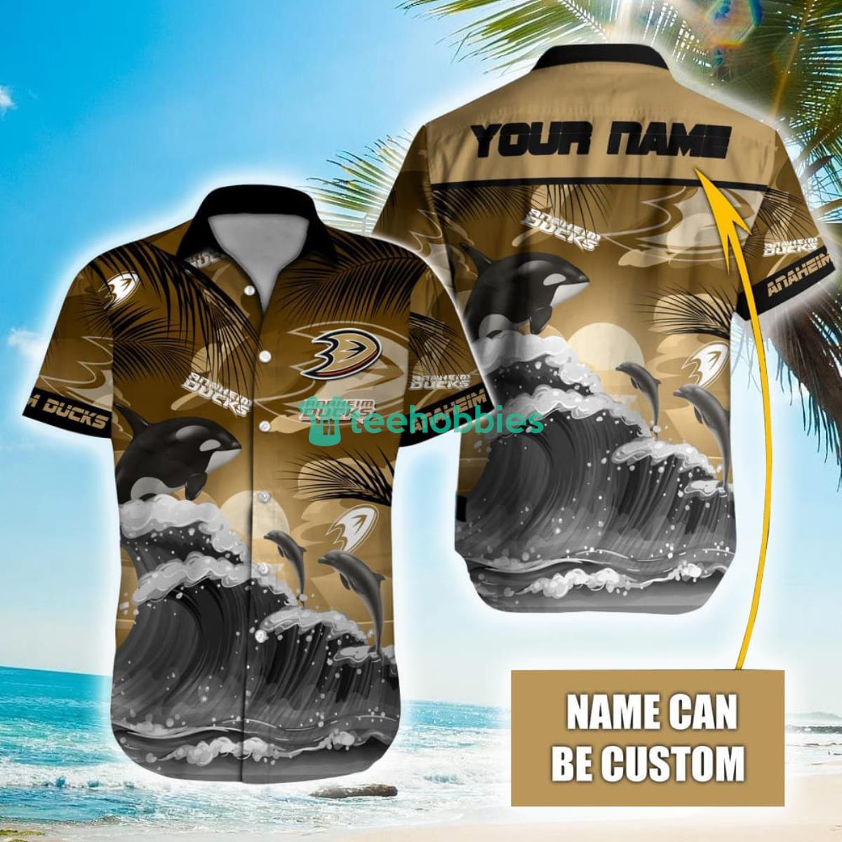 NHL Anaheim Ducks Orca And Waves Hawaiian Shirt Custom Name Product Photo 1