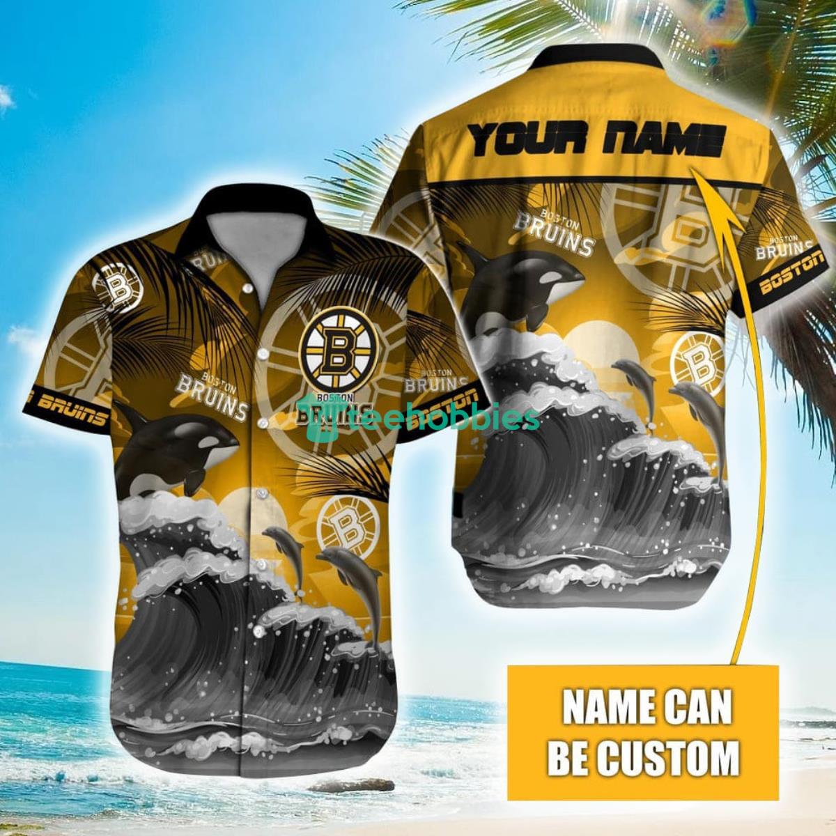 NHL Boston Bruins Orca And Waves Hawaiian Shirt Custom Name Product Photo 1
