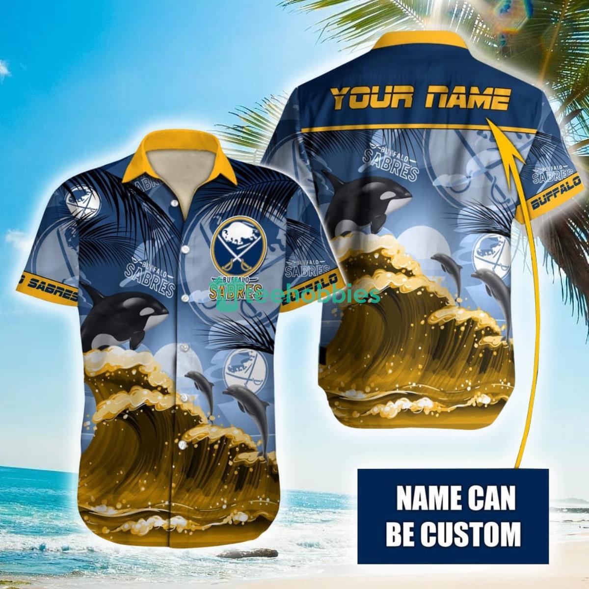 NHL Buffalo Sabres Orca And Waves Hawaiian Shirt Custom Name Product Photo 1