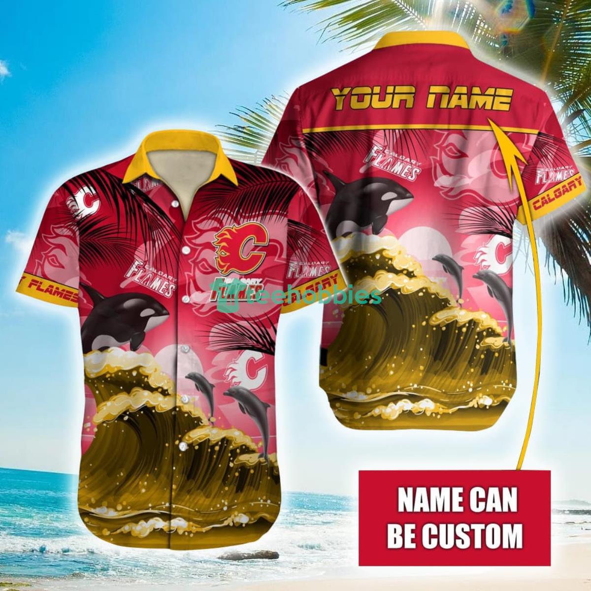 NHL Calgary Flames Orca And Waves Hawaiian Shirt Custom Name Product Photo 1
