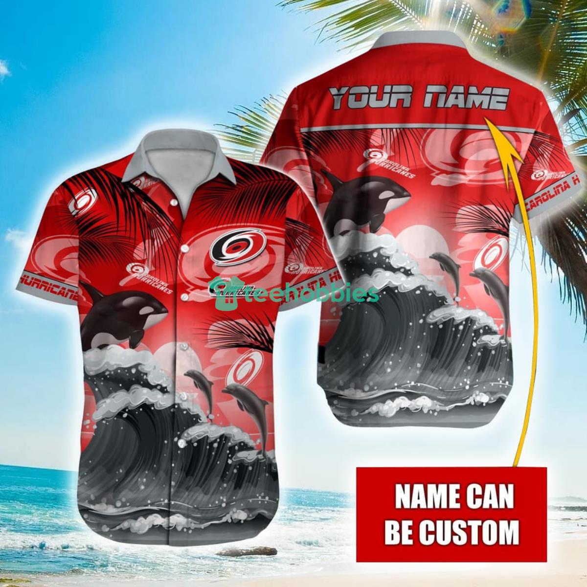 NHL Carolina Hurricanes Orca And Waves Hawaiian Shirt Custom Name Product Photo 1