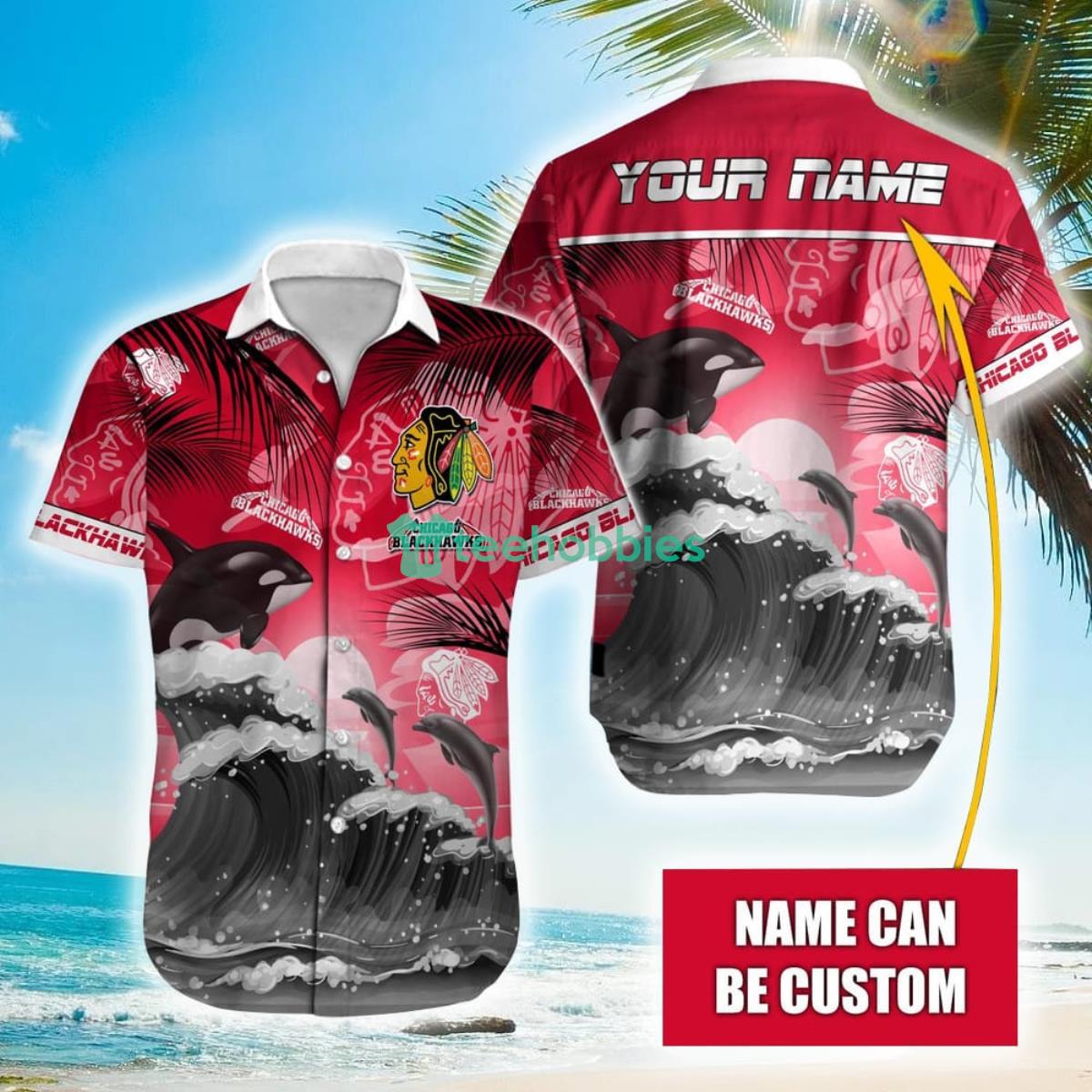 NHL Chicago Blackhawks Orca And Waves Hawaiian Shirt Custom Name Product Photo 1