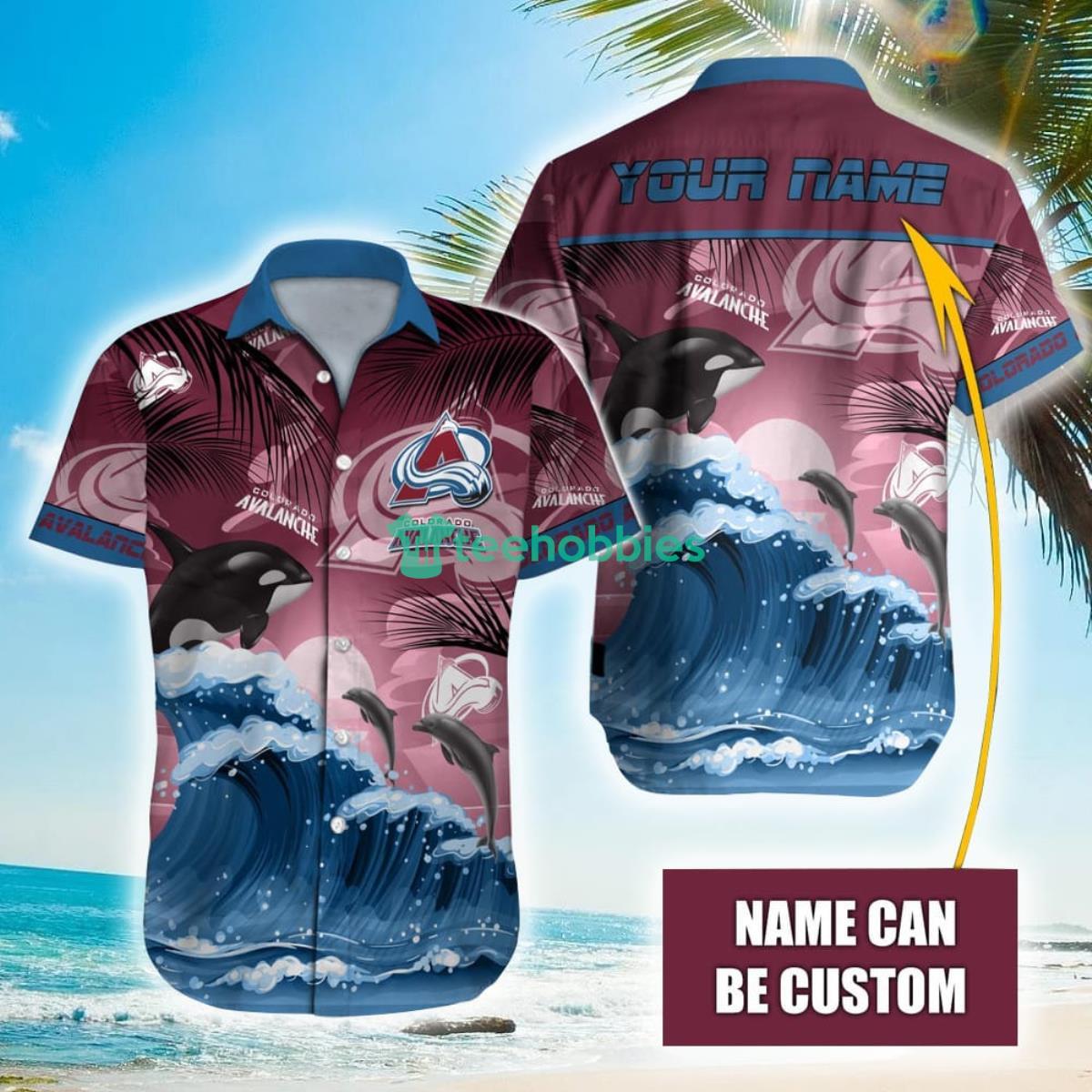 NHL Colorado Avalanche Orca And Waves Hawaiian Shirt Custom Name Product Photo 1
