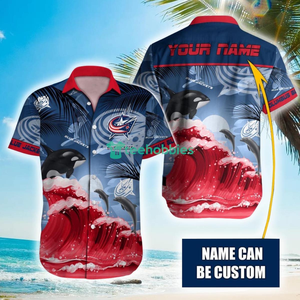 NHL Columbus Blue Jackets Orca And Waves Hawaiian Shirt Custom Name Product Photo 1