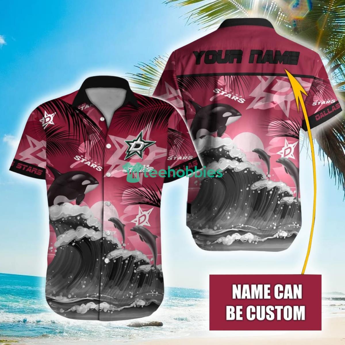 NHL Dallas Stars Orca And Waves Hawaiian Shirt Custom Name Product Photo 1