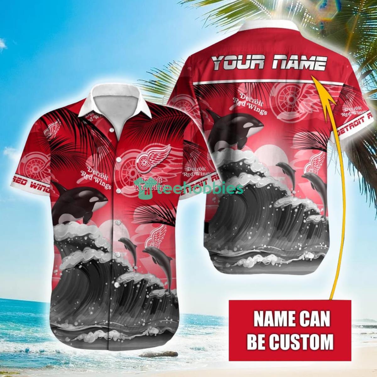 NHL Detroit Red Wings Orca And Waves Hawaiian Shirt Custom Name Product Photo 1