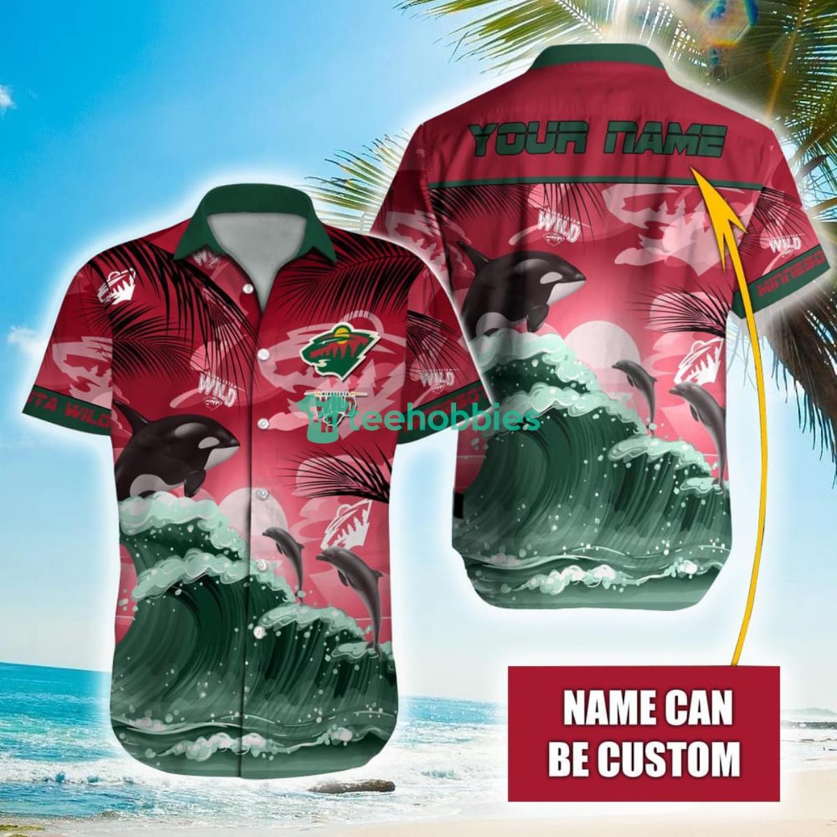 NHL Minnesota Wild Orca And Waves Hawaiian Shirt Custom Name Product Photo 1