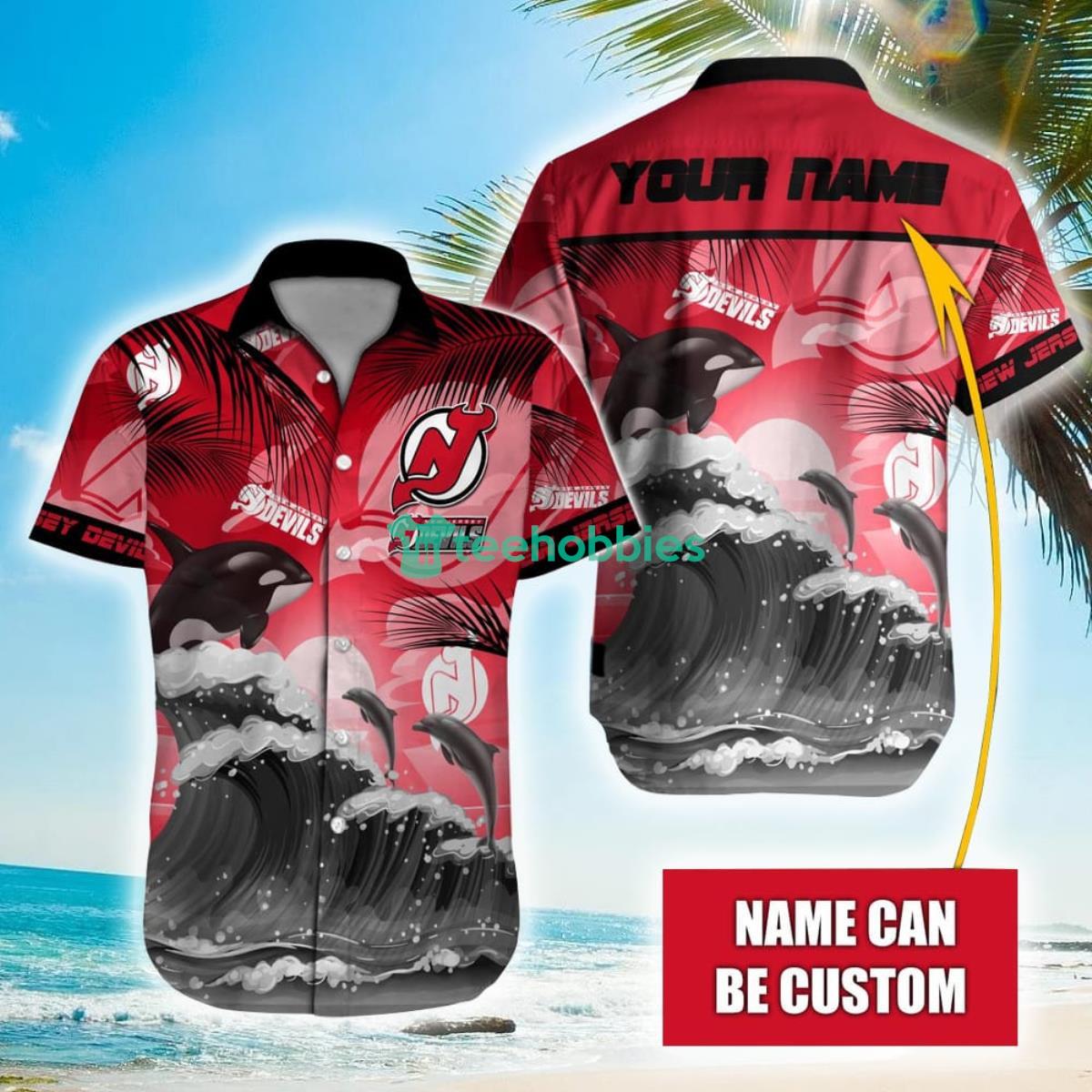 NHL New Jersey Devils Orca And Waves Hawaiian Shirt Custom Name Product Photo 1