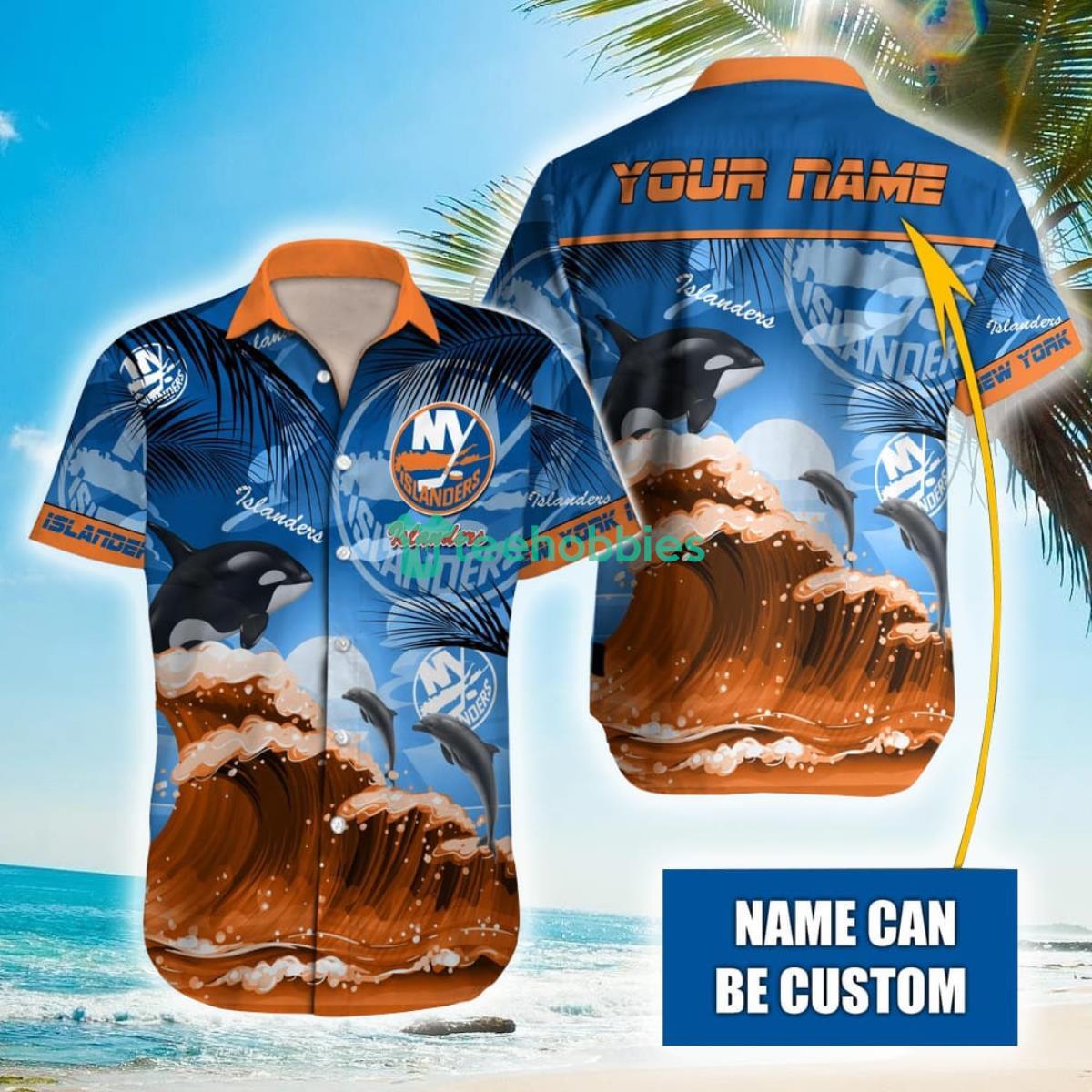 NHL New York Islanders Orca And Waves Hawaiian Shirt Custom Name Product Photo 1