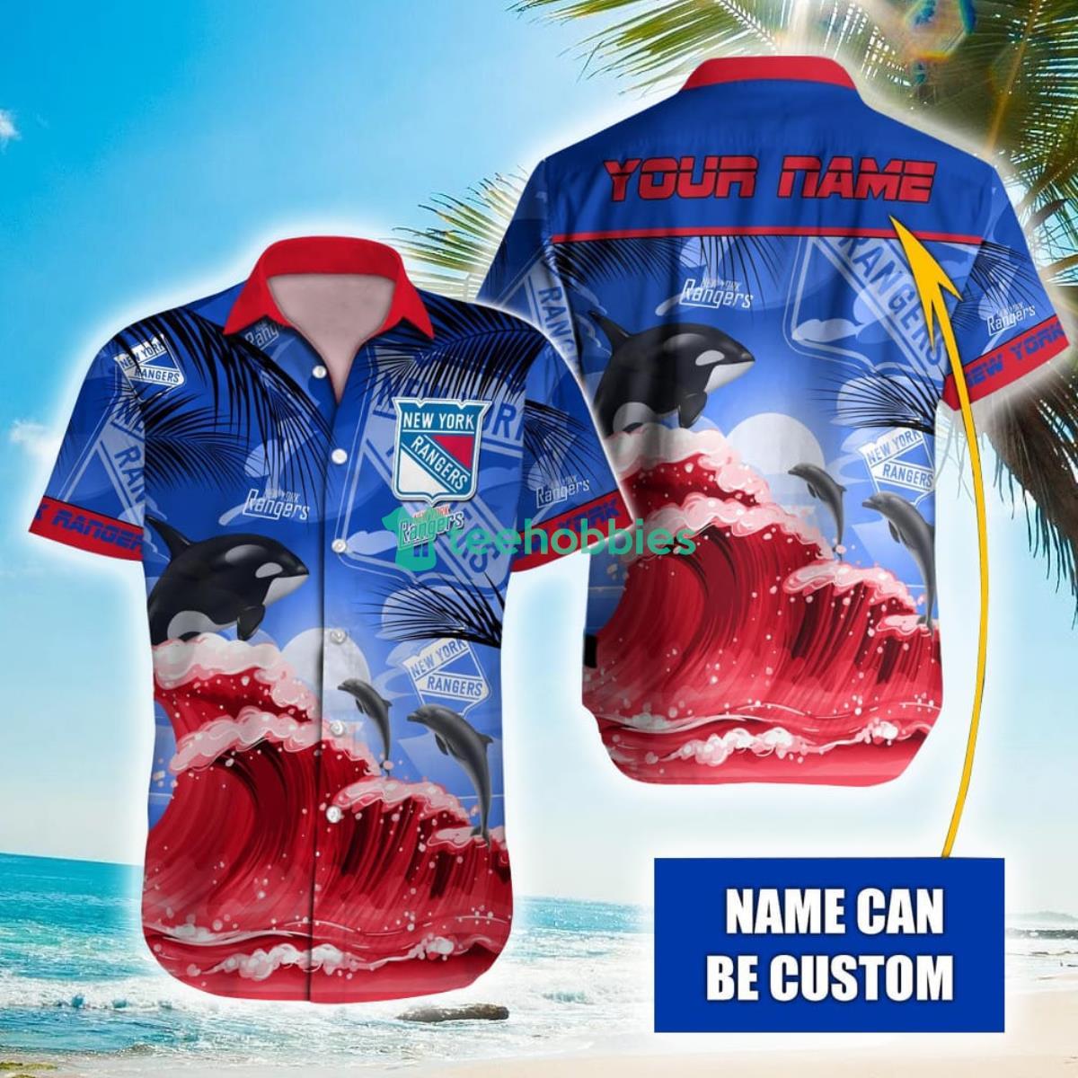 NHL New York Rangers Orca And Waves Hawaiian Shirt Custom Name Product Photo 1