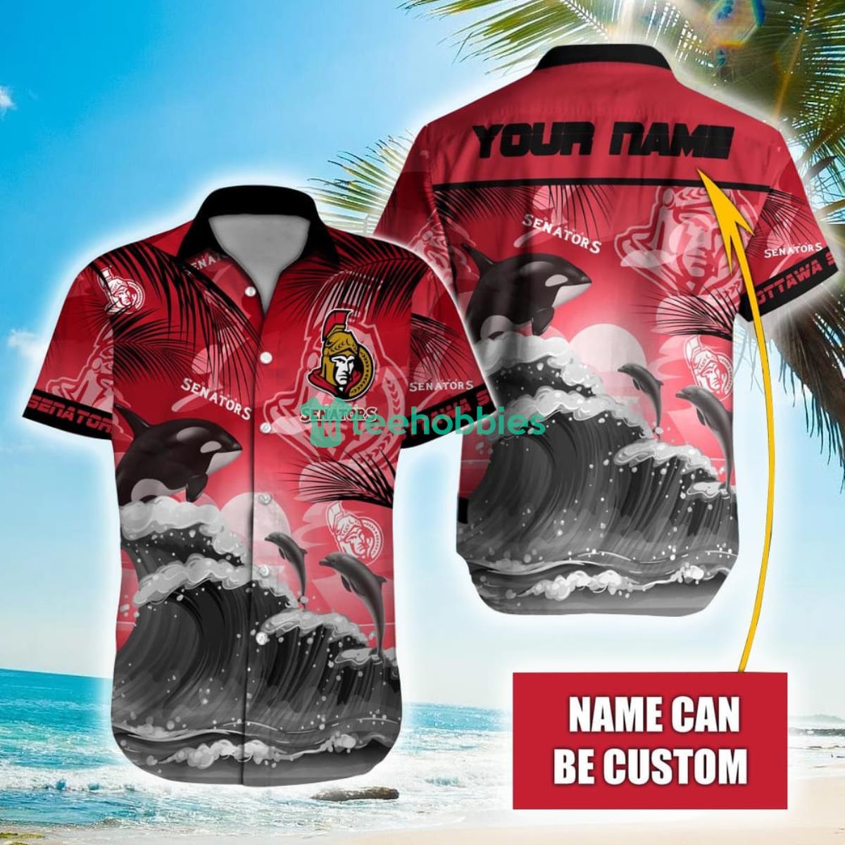 NHL Ottawa Senators Orca And Waves Hawaiian Shirt Custom Name Product Photo 1