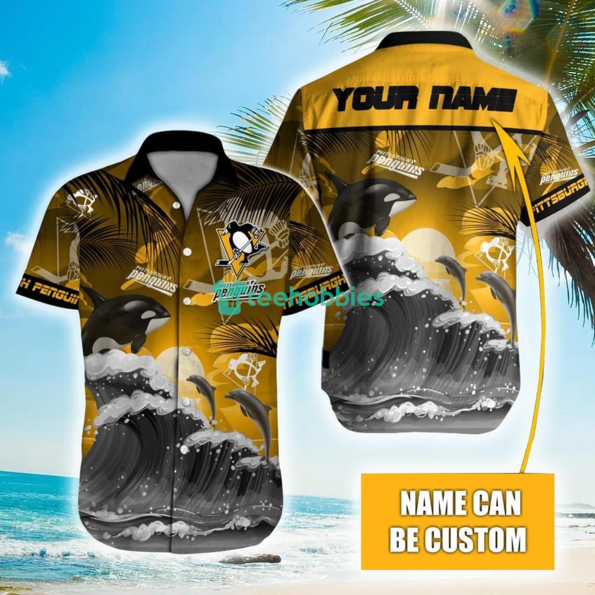 NHL Pittsburgh Penguins Orca And Waves Hawaiian Shirt Custom Name Product Photo 1