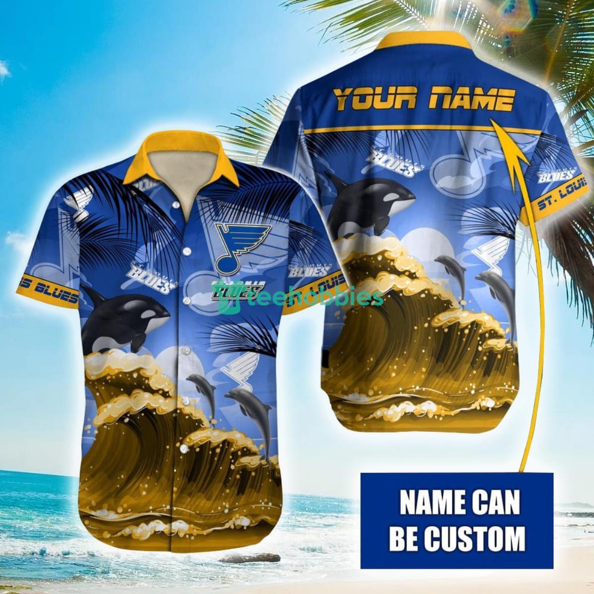 NHL St. Louis Blues Orca And Waves Hawaiian Shirt Custom Name Product Photo 1