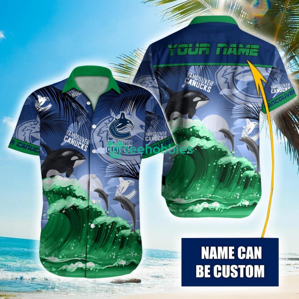 NHL Vancouver Canucks Orca And Waves Hawaiian Shirt Custom Name Product Photo 1