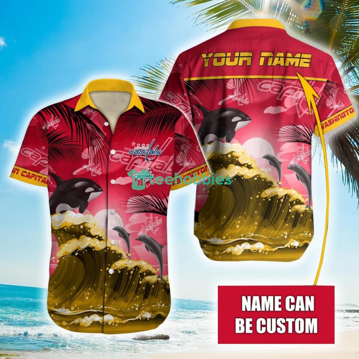 NHL Washington Capitals Orca And Waves Hawaiian Shirt Custom Name Product Photo 1