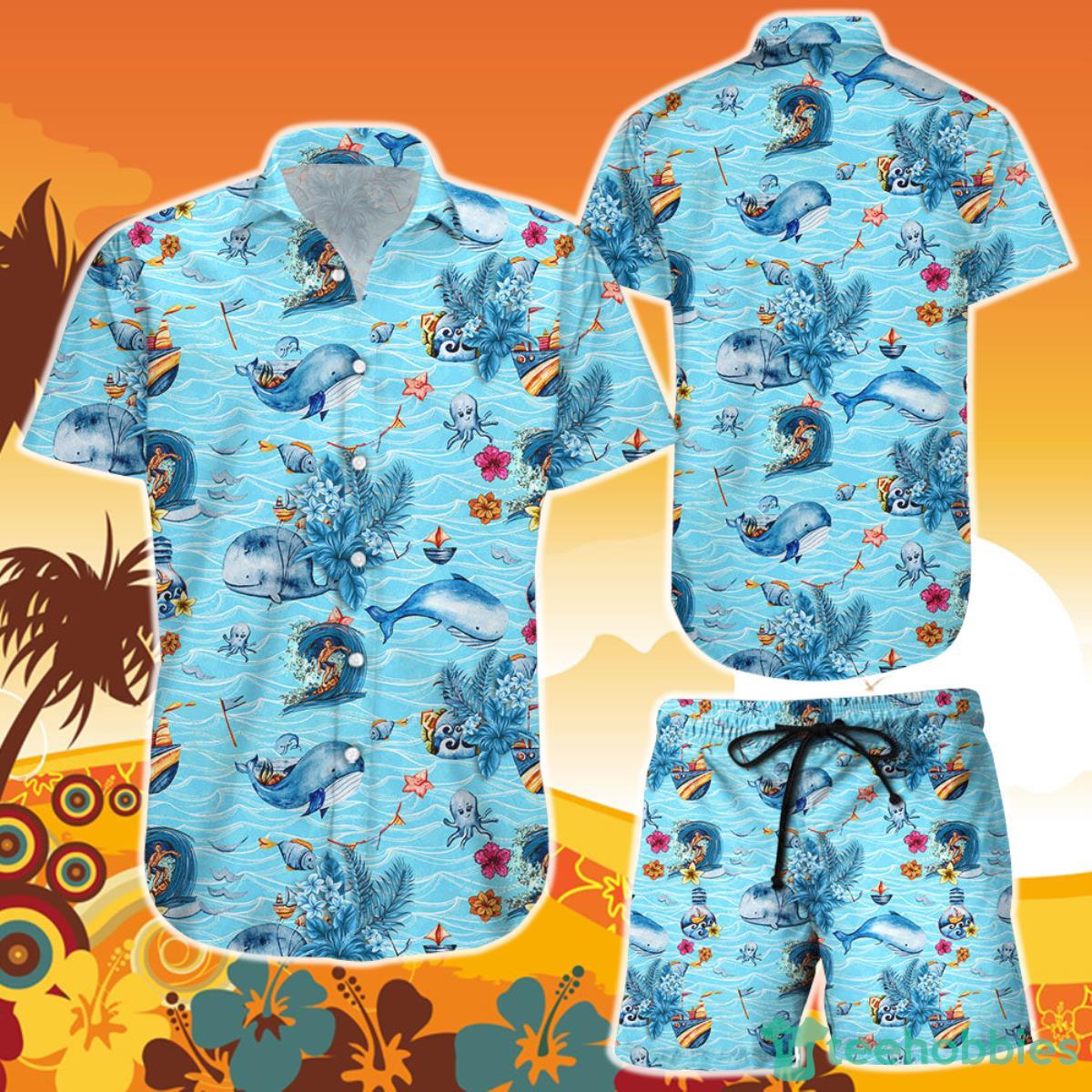 Ocean Pacific Hawaiian Whale and Boat Button Down Shirt and Short Summer Holiday Gift Ideas Product Photo 1