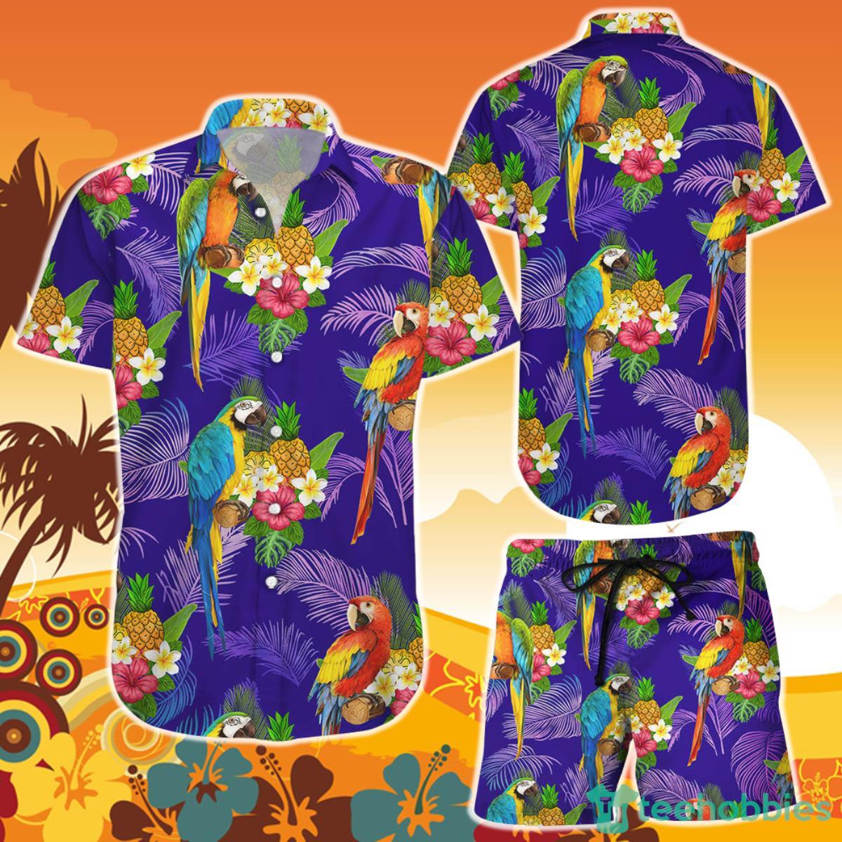 Parrots Palmshadow On Purple Background Button Down Shirt and Short Hawaii Gift Product Photo 1