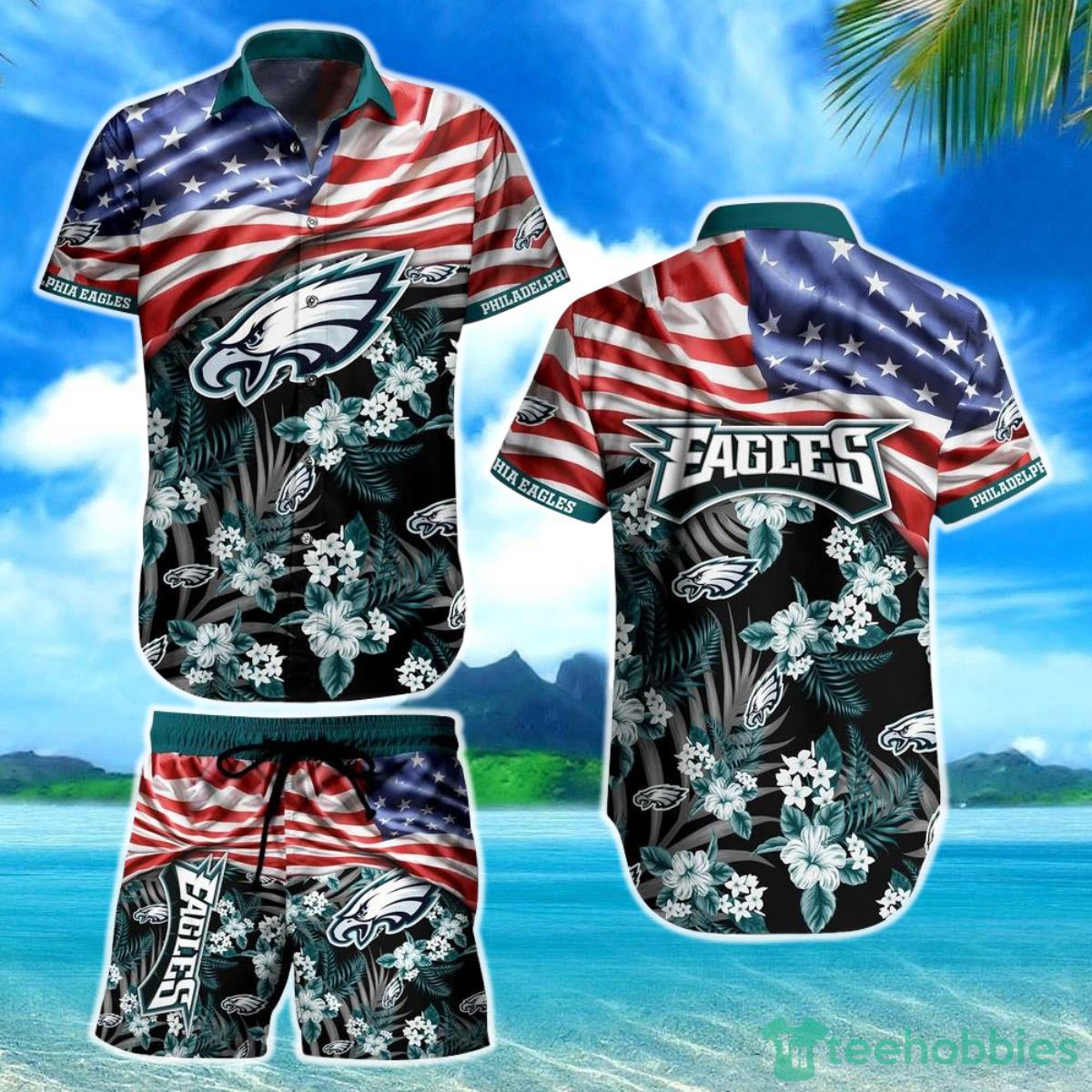 Philadelphia Eagles NFL Hawaiian Shirt And Short Summer Tropical Pattern US Flag Best Gift For Sports Enthusiast Product Photo 1